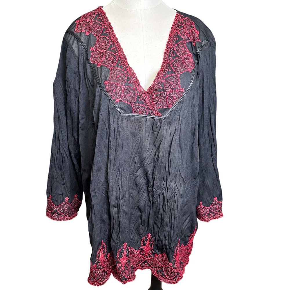 INC International Concepts Tunic Women 1X Black Red Embroidered Boho Crinkle Top
